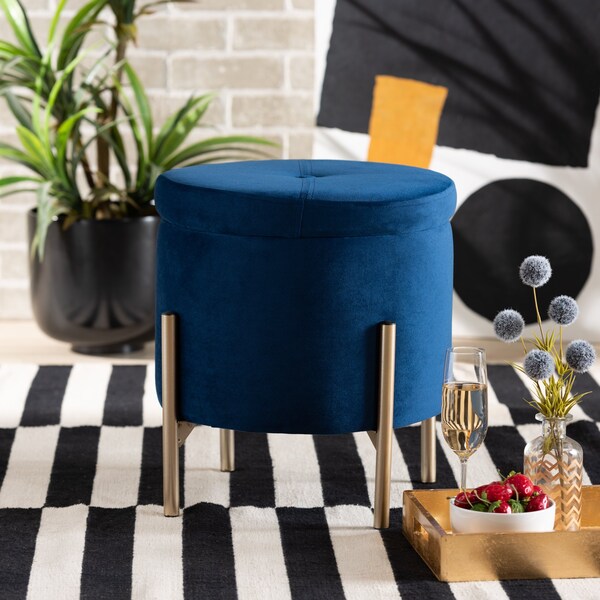 Baxton Studio Malina Glam and Luxe Navy Blue Velvet Upholstered and Gold Finished Metal Storage Ottoman - 197-12217-ZORO