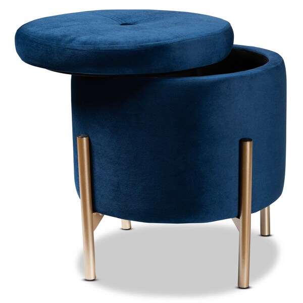 Baxton Studio Malina Glam and Luxe Navy Blue Velvet Upholstered and Gold Finished Metal Storage Ottoman - 197-12217-ZORO