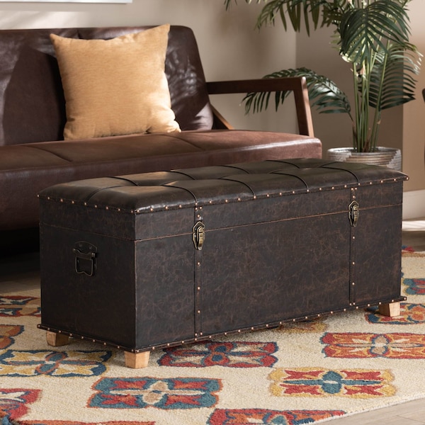 Baxton Studio Janna Transitional Dark Brown Faux Leather Upholstered and Oak Brown Finished Wood Storage Ottoman - 191-11902-ZORO