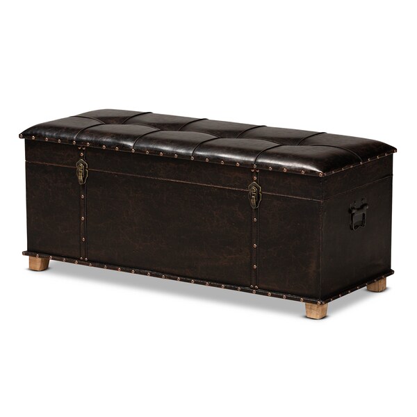 Baxton Studio Janna Transitional Dark Brown Faux Leather Upholstered and Oak Brown Finished Wood Storage Ottoman - 191-11902-ZORO