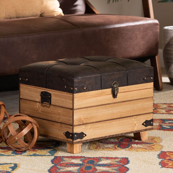 Baxton Studio Edmund Transitional Dark Brown Faux Leather Upholstered and Oak Brown Finished Wood Storage Ottoman - 191-11904-ZORO