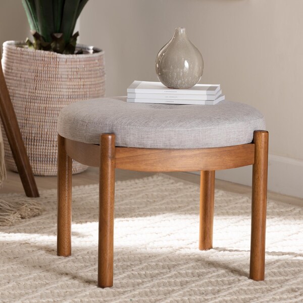 Baxton Studio Iliana Japandi Greyish Beige Fabric and Walnut Brown Finished Wood Ottoman Footstool - 233-13165-ZORO