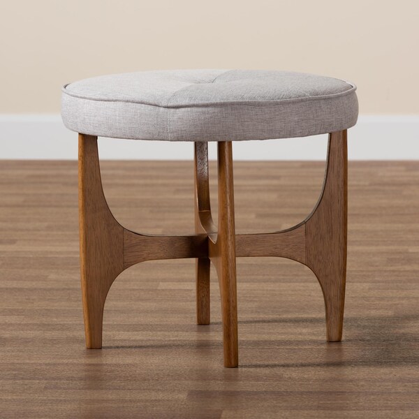 Baxton Studio Theo Japandi Greyish Beige Fabric and Walnut Brown Finished Wood Ottoman Footstool - 233-13169-ZORO