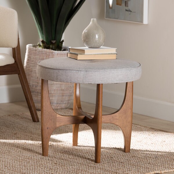 Baxton Studio Theo Japandi Greyish Beige Fabric and Walnut Brown Finished Wood Ottoman Footstool - 233-13169-ZORO