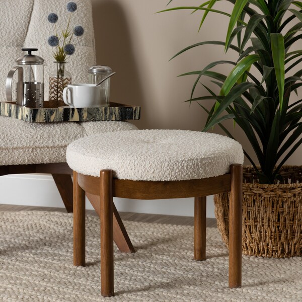 Baxton Studio Iliana Japandi Cream Boucle Fabric and Walnut Brown Finished Rubberwood Ottoman Footstool - 228-12964-ZORO