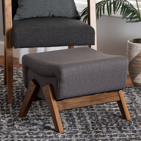 Baxton Studio Hanson Mid-Century Modern Dark Grey Fabric and Walnut Brown Finished Wood Ottoman - 229-13178-ZORO