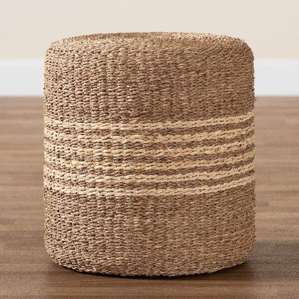 Bali & Pari Wickham Modern Bohemian Natural Brown Seagrass Ottoman Footstool - 240-13480-ZORO
