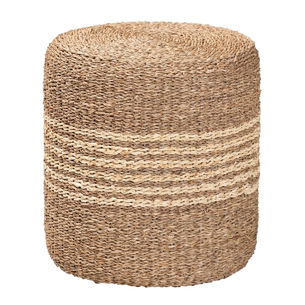 Bali & Pari Wickham Modern Bohemian Natural Brown Seagrass Ottoman Footstool - 240-13480-ZORO