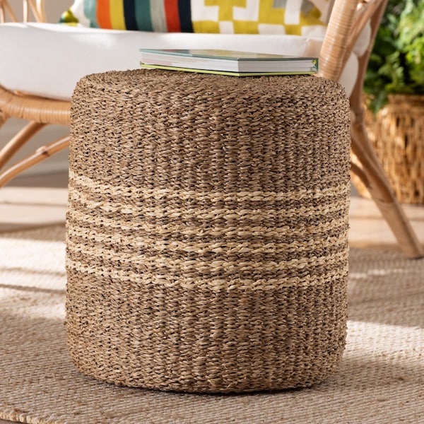 Bali & Pari Wickham Modern Bohemian Natural Brown Seagrass Ottoman Footstool - 240-13480-ZORO