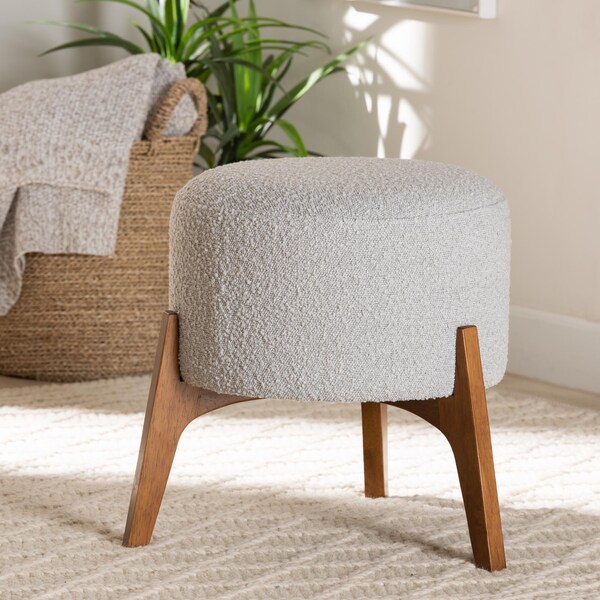 Baxton Studio Elkie Japandi Light Grey Boucle Fabric and Walnut Brown Finished Wood Ottoman Footstool - 233-13323-ZORO