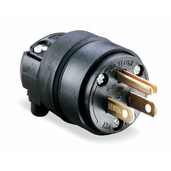 Tapón recto comercial de Leviton, 2 polos, 15 A, 125V AC, 5-15P, terminales de tornillo, color negro - 515PR
