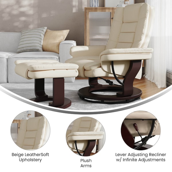 Flash Furniture Beige LeatherSoft Recliner & Ottoman w/ Wood Base - BT-7818-BGE-GG