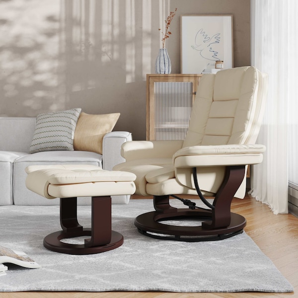 Flash Furniture Beige LeatherSoft Recliner & Ottoman w/ Wood Base - BT-7818-BGE-GG