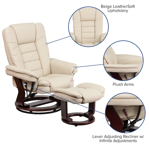 Flash Furniture Beige LeatherSoft Recliner & Ottoman w/ Wood Base - BT-7818-BGE-GG