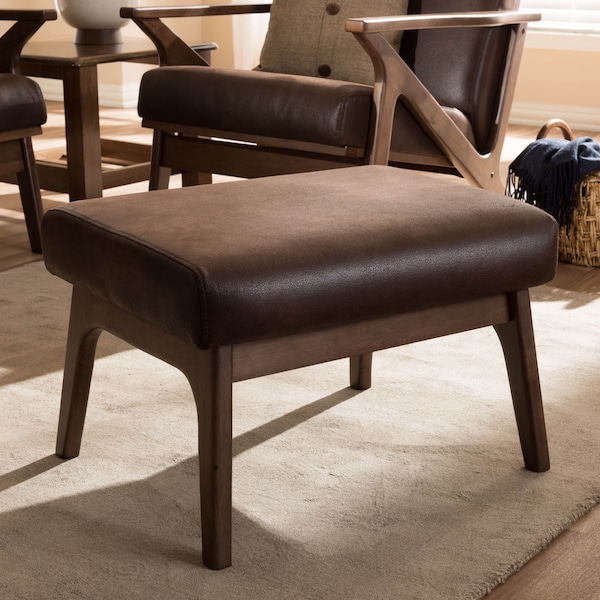 Baxton Studio Bianca Walnut Wood Dark Brown Distressed Faux Leather Effect Ottoman - 140-7547
