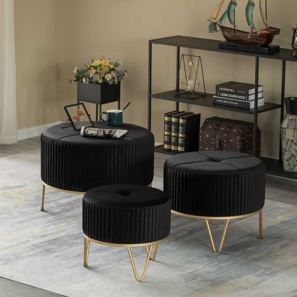 Fabulaxe Round Velvet Ottoman Stool Raised with Hairpin Gold Base, Black, Small - QI004324.BK.S