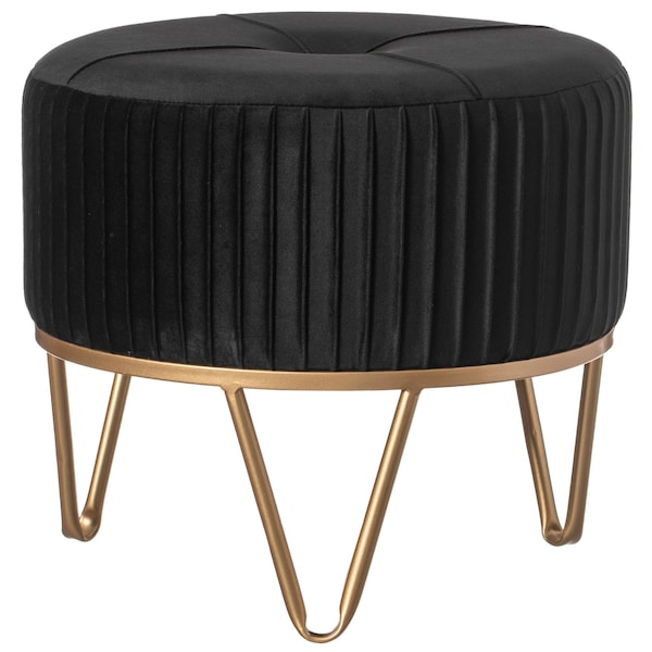 Fabulaxe Round Velvet Ottoman Stool Raised with Hairpin Gold Base, Black, Small - QI004324.BK.S