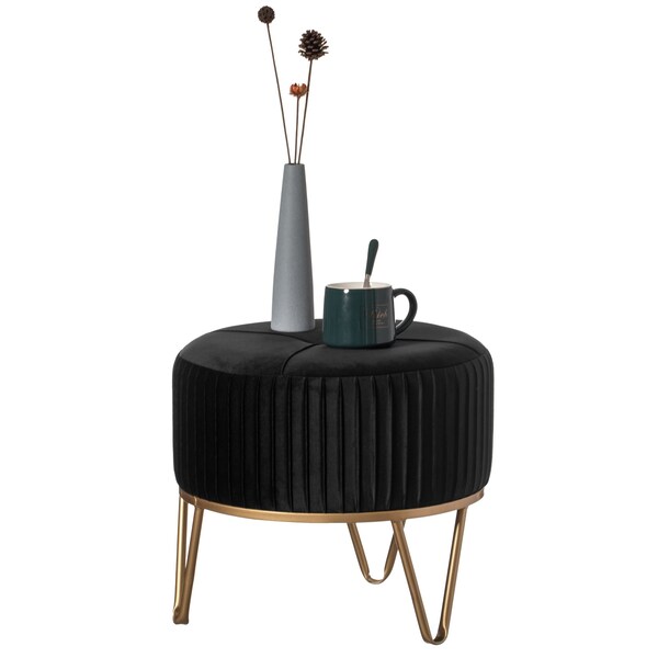 Fabulaxe Round Velvet Ottoman Stool Raised with Hairpin Gold Base, Black, Small - QI004324.BK.S
