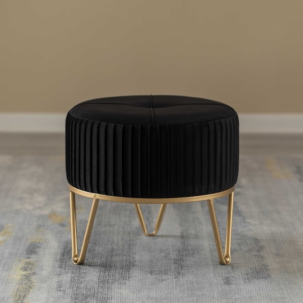 Fabulaxe Round Velvet Ottoman Stool Raised with Hairpin Gold Base, Black, Small - QI004324.BK.S