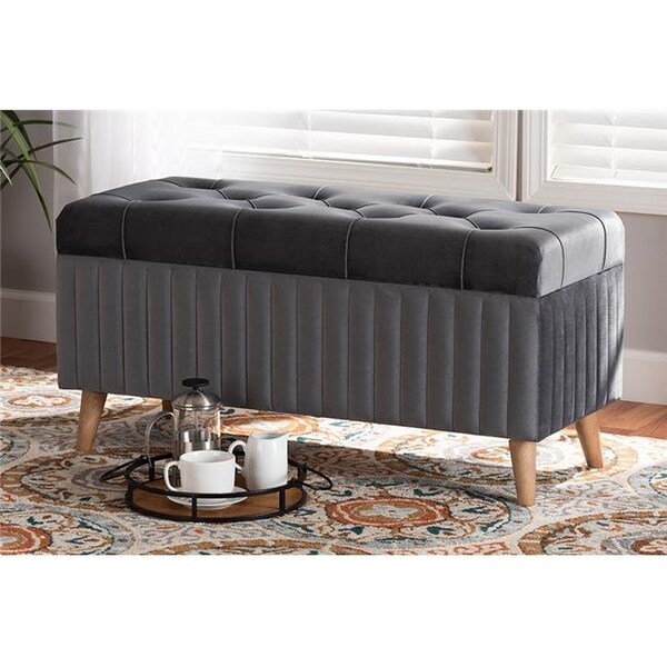 Wholesale Interiors Wholesale Interiors HY2A19B046S-Grey Velvet-Otto Baxton Studio Hanley Grey Velvet Fabric Upholstered Wood Storage Ottoman; Walnut Brown - HY2A19B046S-GREY VELVET-OTTO