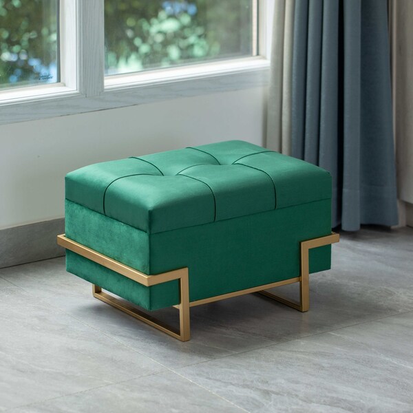 Fabulaxe Velvet Storage Ottoman Stool Box with Abstract Golden Legs - Decorative Sitting Bench, Green Small - QI003939.GN