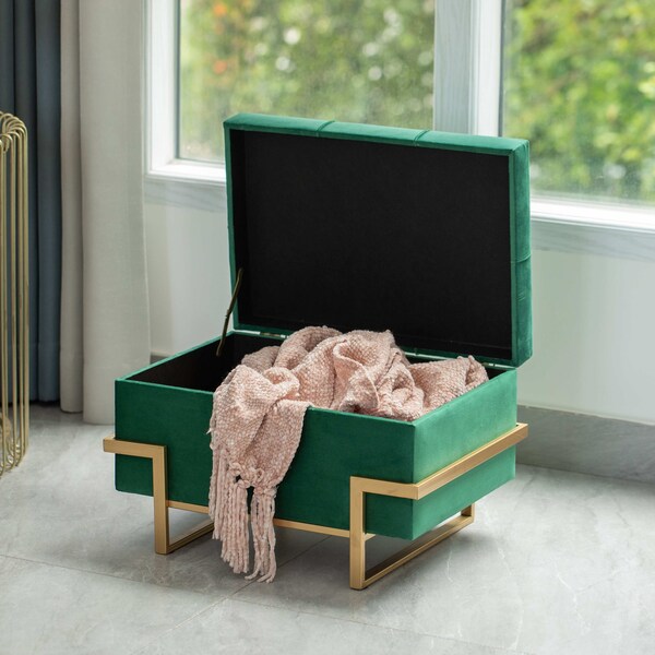Fabulaxe Velvet Storage Ottoman Stool Box with Abstract Golden Legs - Decorative Sitting Bench, Green Small - QI003939.GN