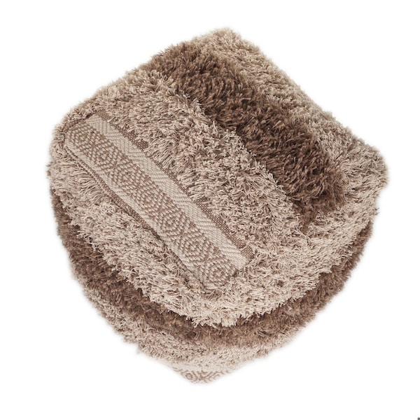 Homeroots 18 x 18 x 18 in. Beige & Brown Boho Shaggy Khaki Textured Pouf - 383106