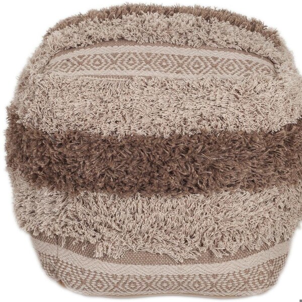 Homeroots 18 x 18 x 18 in. Beige & Brown Boho Shaggy Khaki Textured Pouf - 383106