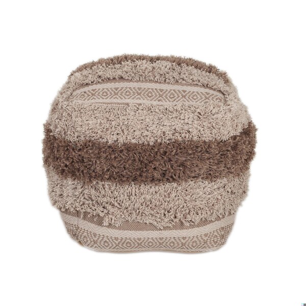 Homeroots 18 x 18 x 18 in. Beige & Brown Boho Shaggy Khaki Textured Pouf - 383106
