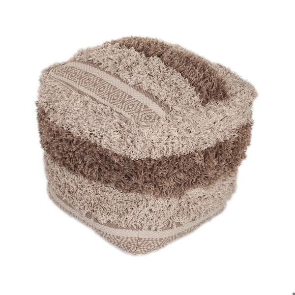 Homeroots 18 x 18 x 18 in. Beige & Brown Boho Shaggy Khaki Textured Pouf - 383106