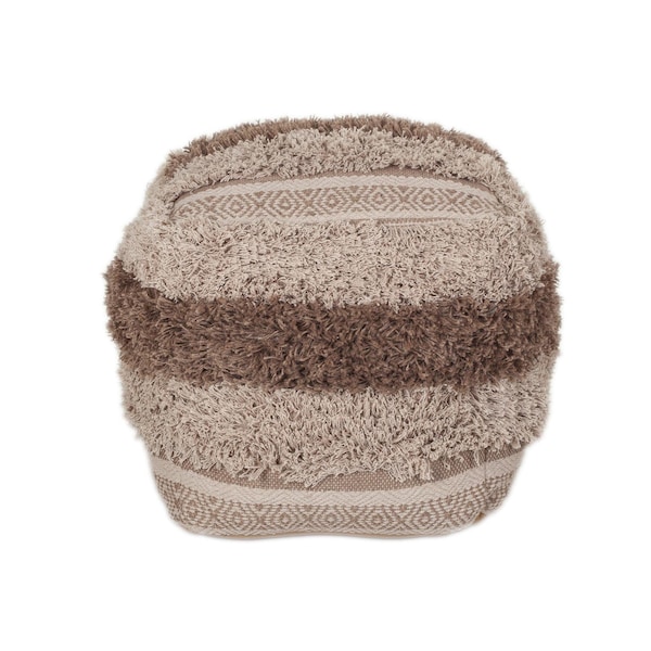 Homeroots 18 x 18 x 18 in. Beige & Brown Boho Shaggy Khaki Textured Pouf - 383106