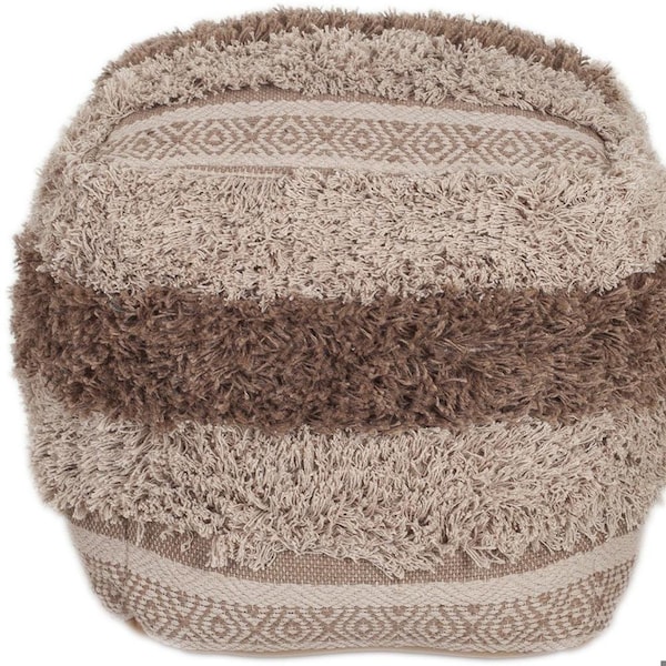 Homeroots 18 x 18 x 18 in. Beige & Brown Boho Shaggy Khaki Textured Pouf - 383106