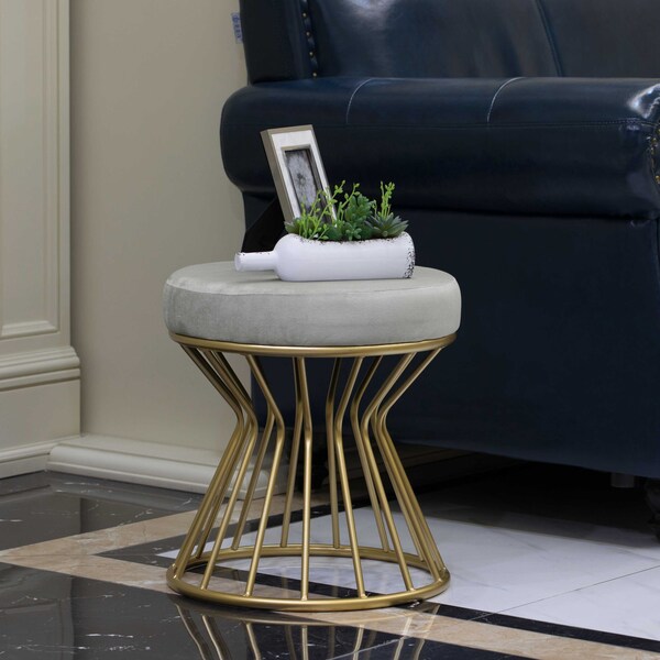 Fabulaxe Modern Round Velvet Stool with Bent Gold Metal Base Standard Ottoman, Grey - QI004322.GY