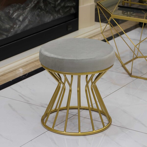 Fabulaxe Modern Round Velvet Stool with Bent Gold Metal Base Standard Ottoman, Grey - QI004322.GY