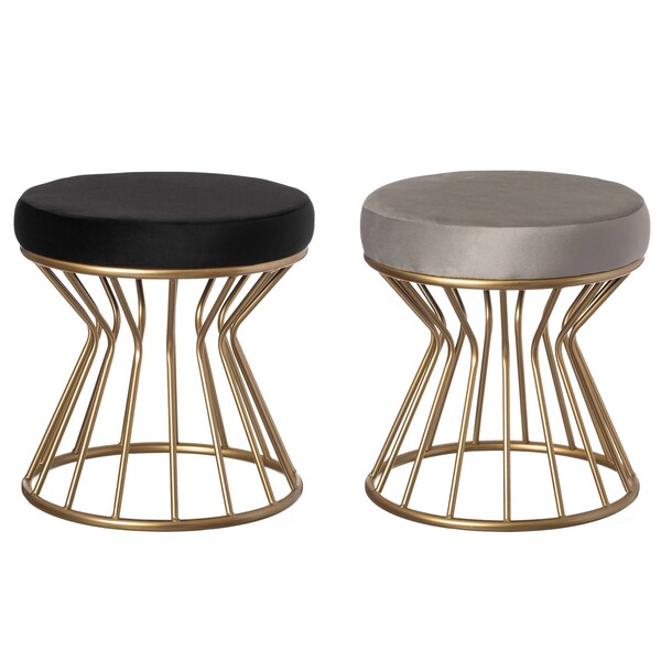 Fabulaxe Modern Round Velvet Stool with Bent Gold Metal Base Standard Ottoman, Grey - QI004322.GY
