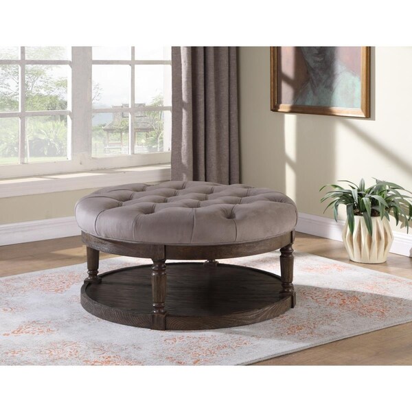 Kd Gabinetes Round Beige Linen Tufted Upholstered Ottoman - KD2194491