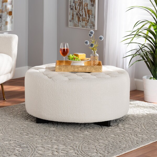 Baxton Studio Athena Modern and Contemporary Ivory Boucle Upholstered and Black Finished Wood Round Ottoman - 220-12868-ZORO