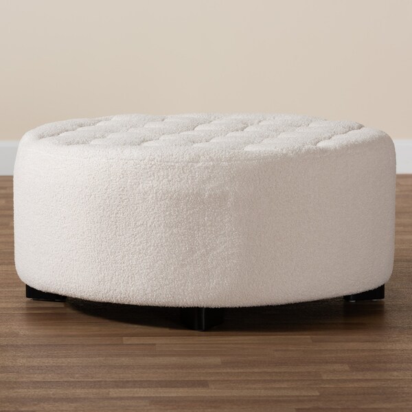 Baxton Studio Athena Modern and Contemporary Ivory Boucle Upholstered and Black Finished Wood Round Ottoman - 220-12868-ZORO