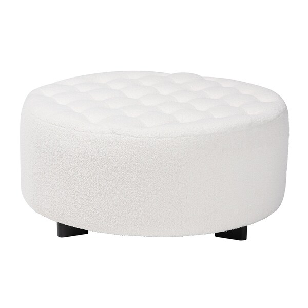 Baxton Studio Athena Modern and Contemporary Ivory Boucle Upholstered and Black Finished Wood Round Ottoman - 220-12868-ZORO