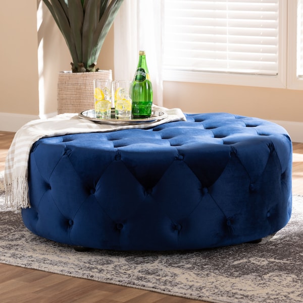 Baxton Studio Cardiff Blue Velvet Upholstered Button Tufted Cocktail Ottoman - 151-9357