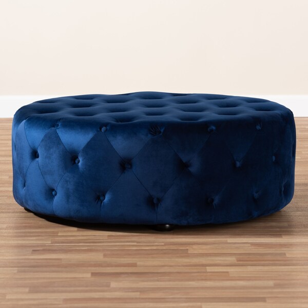Baxton Studio Cardiff Blue Velvet Upholstered Button Tufted Cocktail Ottoman - 151-9357