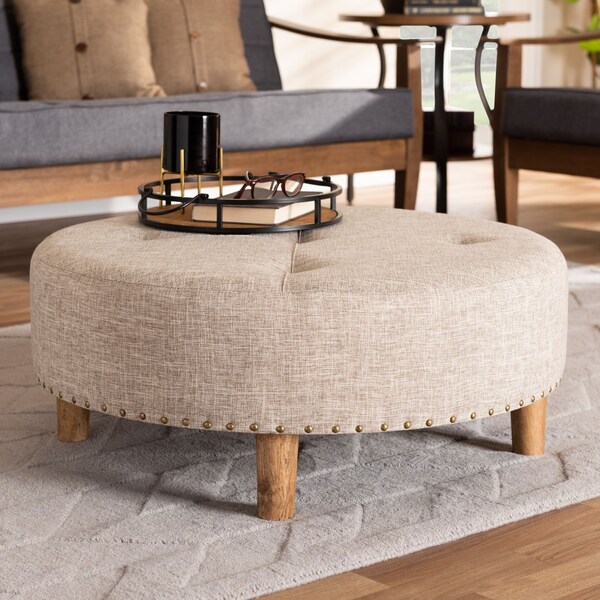 Baxton Studio Vinet Beige Upholstered Natural Wood Cocktail Ottoman - 153-9199