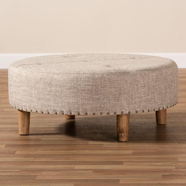 Baxton Studio Vinet Beige Upholstered Natural Wood Cocktail Ottoman - 153-9199