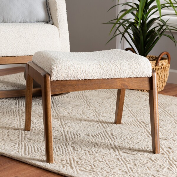 Baxton Studio Roxy MidCentury OffWhite Boucle Upholstered and Walnut Brown Finished Wood Ottoman Footstool - 225-12924-ZORO