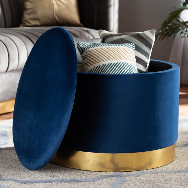 Baxton Studio Marisa Navy Blue Velvet Upholstered Gold Finished Storage Ottoman - 161-10279