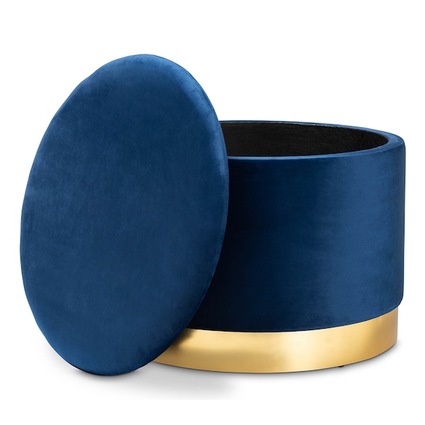 Baxton Studio Marisa Navy Blue Velvet Upholstered Gold Finished Storage Ottoman - 161-10279
