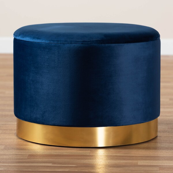 Baxton Studio Marisa Navy Blue Velvet Upholstered Gold Finished Storage Ottoman - 161-10279