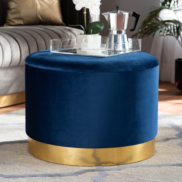 Baxton Studio Marisa Navy Blue Velvet Upholstered Gold Finished Storage Ottoman - 161-10279