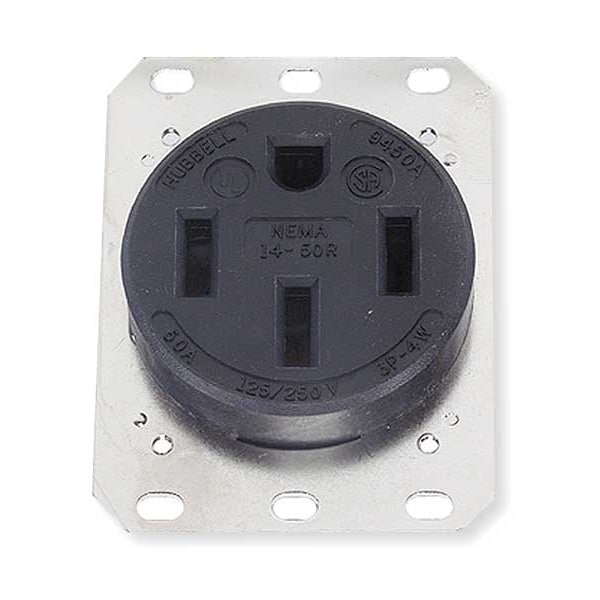 Contacto de hoja recta de Hubbell, 1 salida, NEMA 14-50R, 50 A, 125/250V CA, 3 polos, 4 cables, Negro - HBL9450A