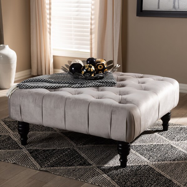 Baxton Studio Keswick Gray Velvet Upholstered Button Tufted Cocktail Ottoman - 151-9358